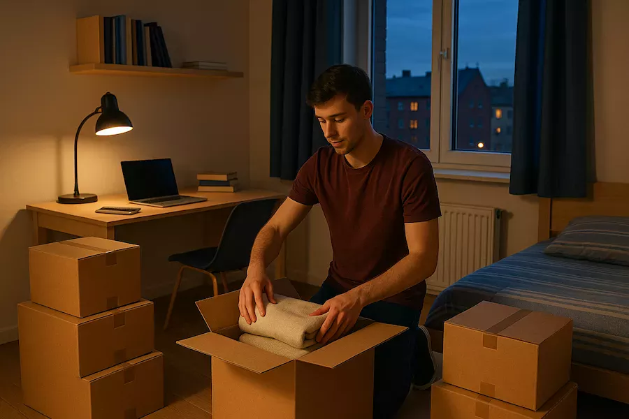 Student packar flyttkartonger i studentrum inför flytt